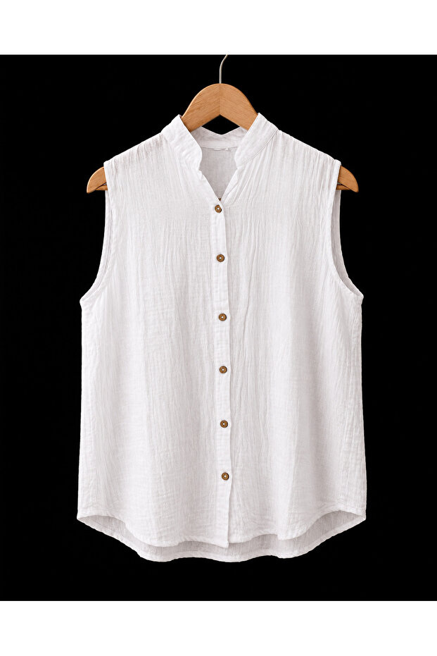 Women's 100% Cotton Muslin Judge Collar Sleeveless Buttoned Shirt Comfortable Fit Summer Blouse