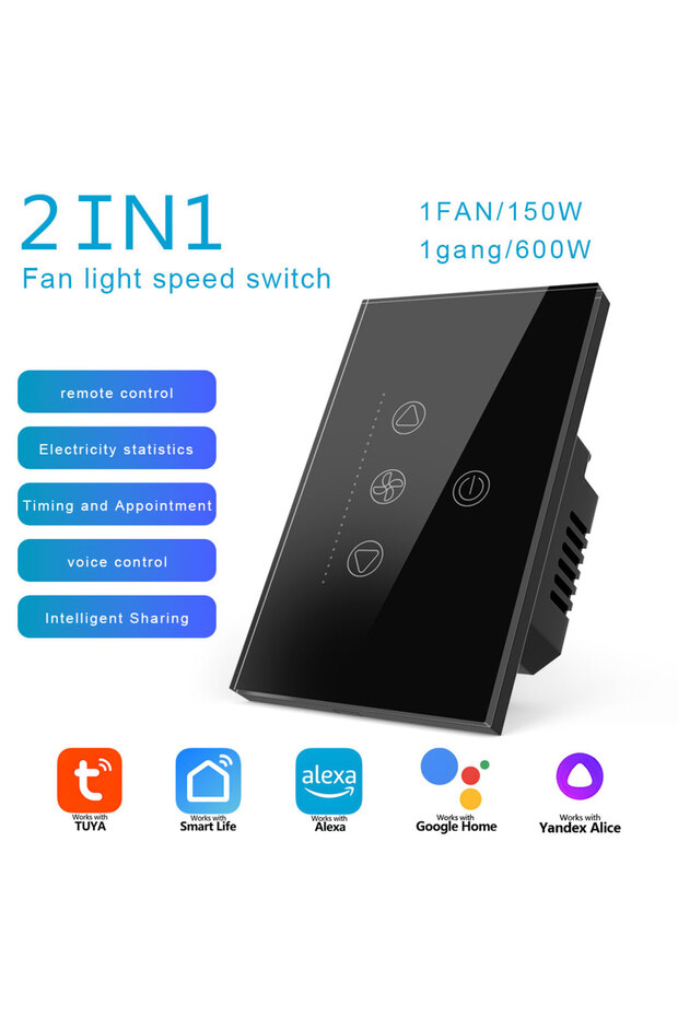 مفتاح ذكي واي فاي 1216WN-BLACK-01 لمروحة السقف والإضاءة، متوافق مع المعايير الأمريكية، تحكم عن بعد عبر التطبيق