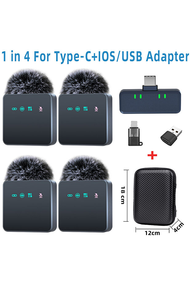 ميكروفون لافالير لاسلكي 4 في 1 باللون الوردي من Black-4-TC-USBIOS مع خاصية تقليل الضوضاء وغطاء مقاوم للرياح وزر كتم الصوت