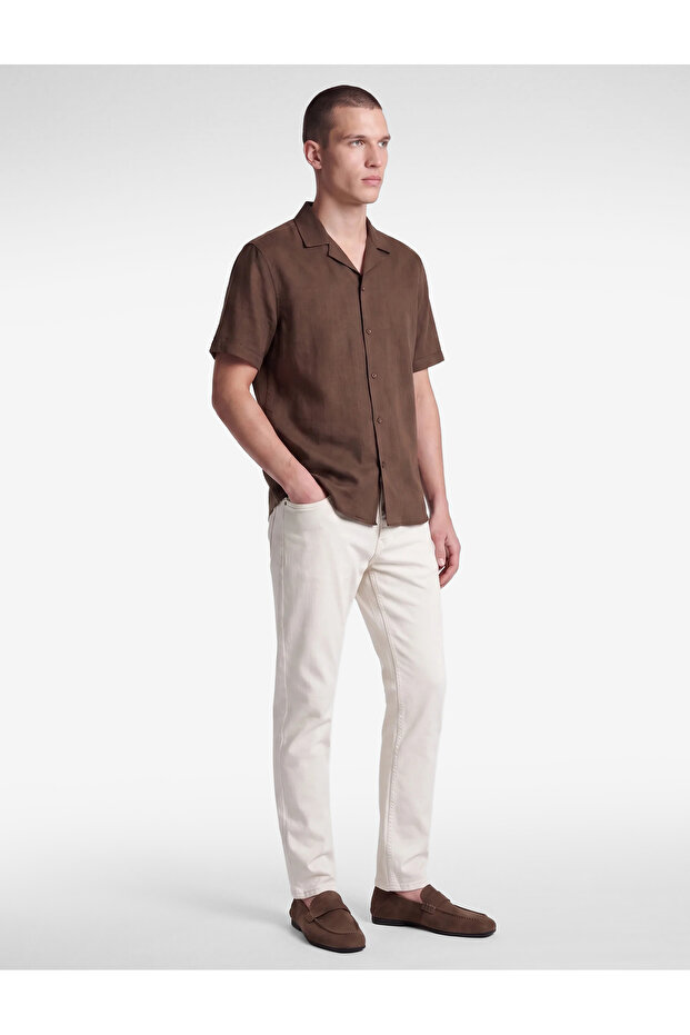 Regular Fit Turn-Down Collar Cotton-Linen Blend Short Sleeve Shirt