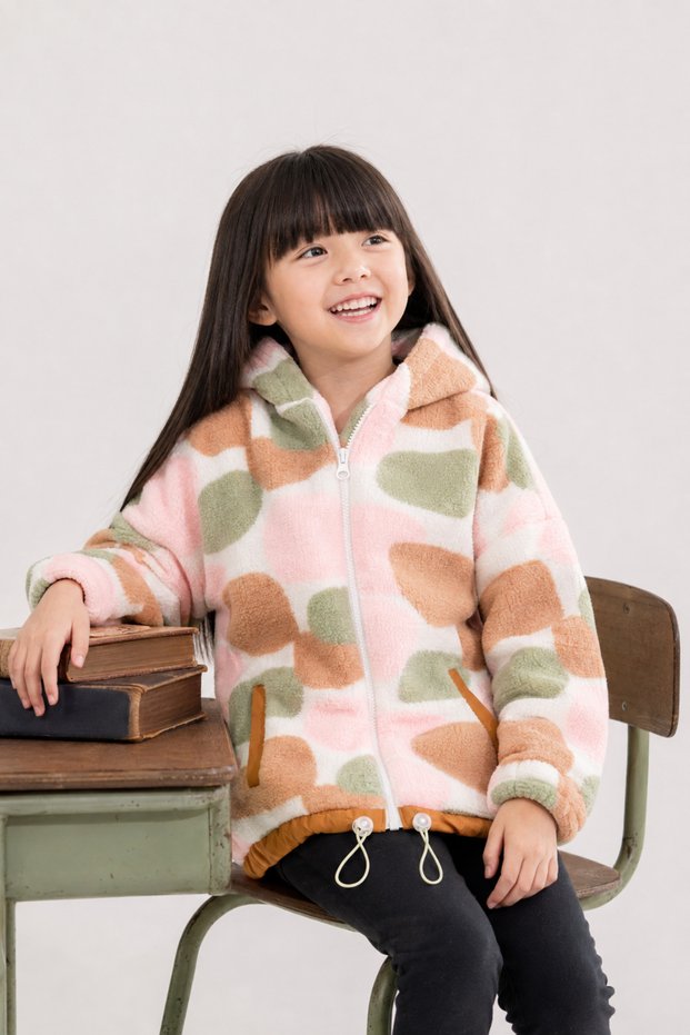 Multicolored Mixed Patterned Girl's Waist Lace-Up Zippered Fleece