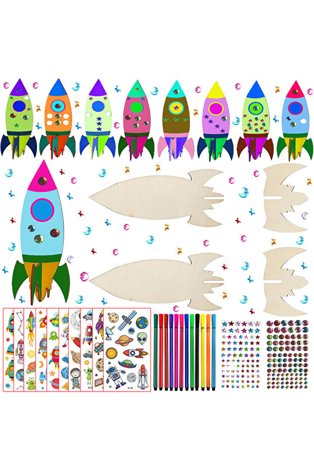 Multicolor 32 PCS of rocket woodworking crafts, rocket toys, birthday crafts, DIY crafts, DIY painti