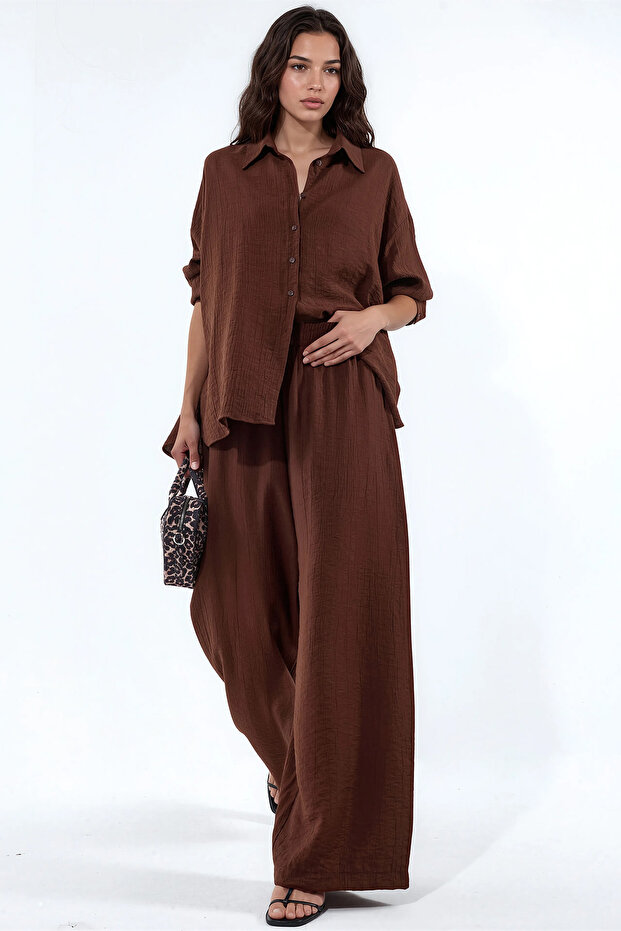 Women's Textured Shirt and Pants Two-Piece Set - Brown 1413