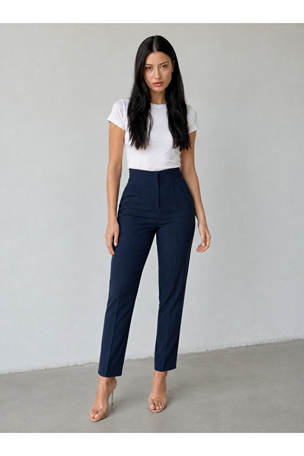 Women's Navy Blue Double-Breasted High-Waist Carrot Pants (100% Viscose)
