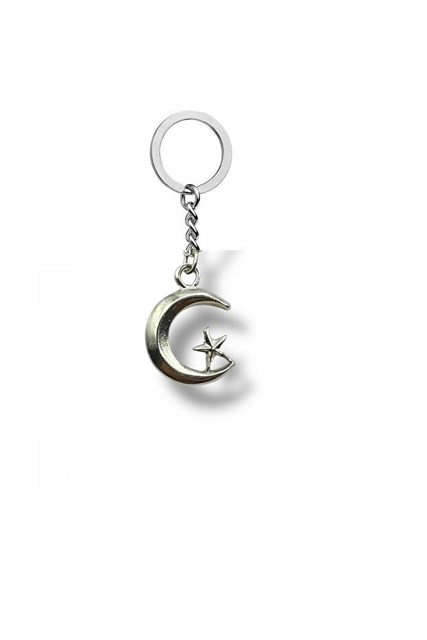 Metal Keychain with Moon and Star Figure – Silver Color Unisex National Accessory