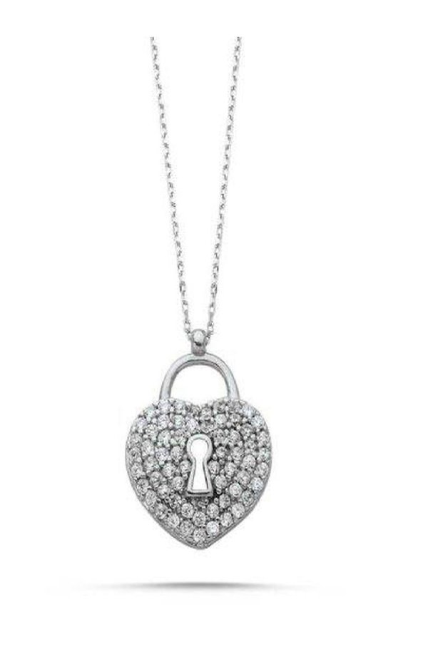 Zircon Stone Heart Keyhole Figured Women's Necklace – Stainless Steel, 55 cm Hanging Design
