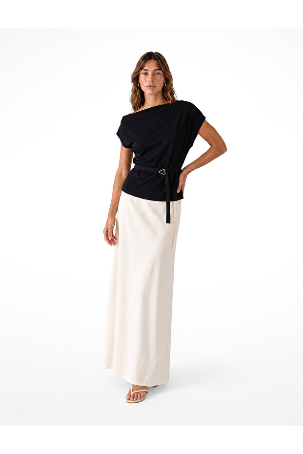 Slim Fit Asymmetrical Drape Collar Sleeveless Crepe Blouse with Metal Accessories and Belt