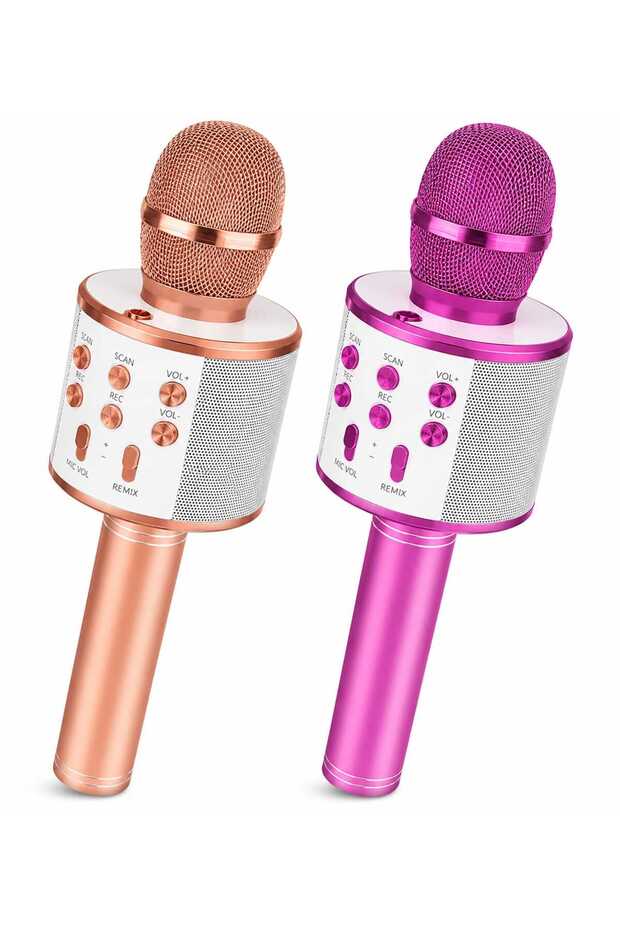 OVELLIC 2 Pack Karaoke Microphone for kids, Wireless Bluetooth Karaoke Microphone for Singing, Portable Handheld Mic Speaker Machine, Great Gifts Toys for Girls Boys Adult All Age (Rose Gold & Purple)