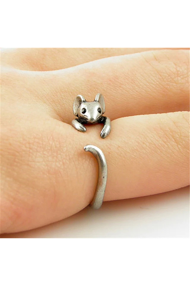 resizable Q308 Huitan Vintage Mouse Animal Finger Ring for Women Antique Silver Color Gothic Knuckle
