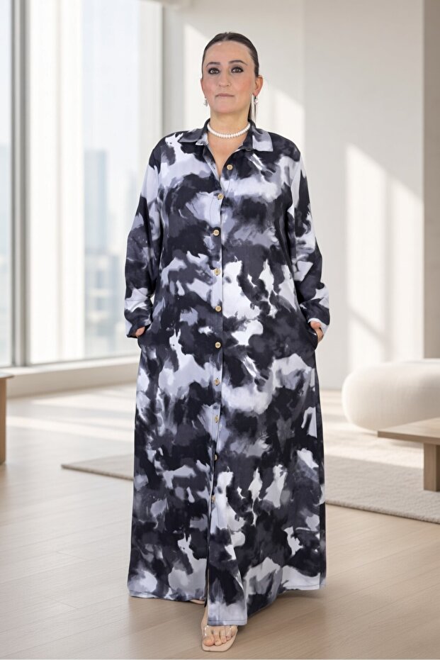 Ebru Patterned g Shirt Collar C Pocketed Wide Cut Viscose Oversize Dress