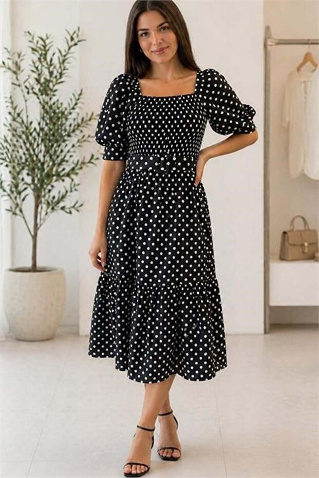 Women's Black Polka Dot Pattern Square Neck Balloon Sleeve Midi Dress --- Dpk083