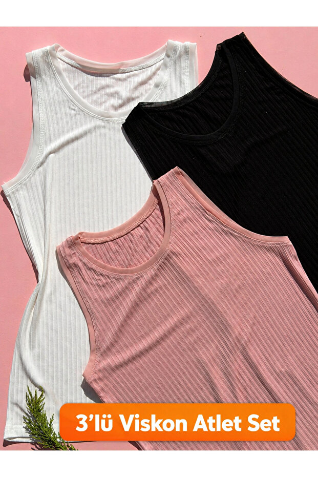 Women's 3-Piece Viscose Camisole Athlete Set Round Neck Basic Blouse Ecru Black Powder