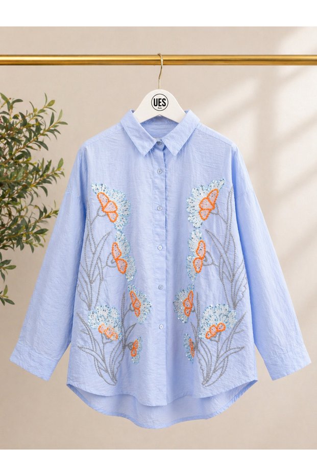 Women's Blue Butterfly Embroidered Stylish Shirt