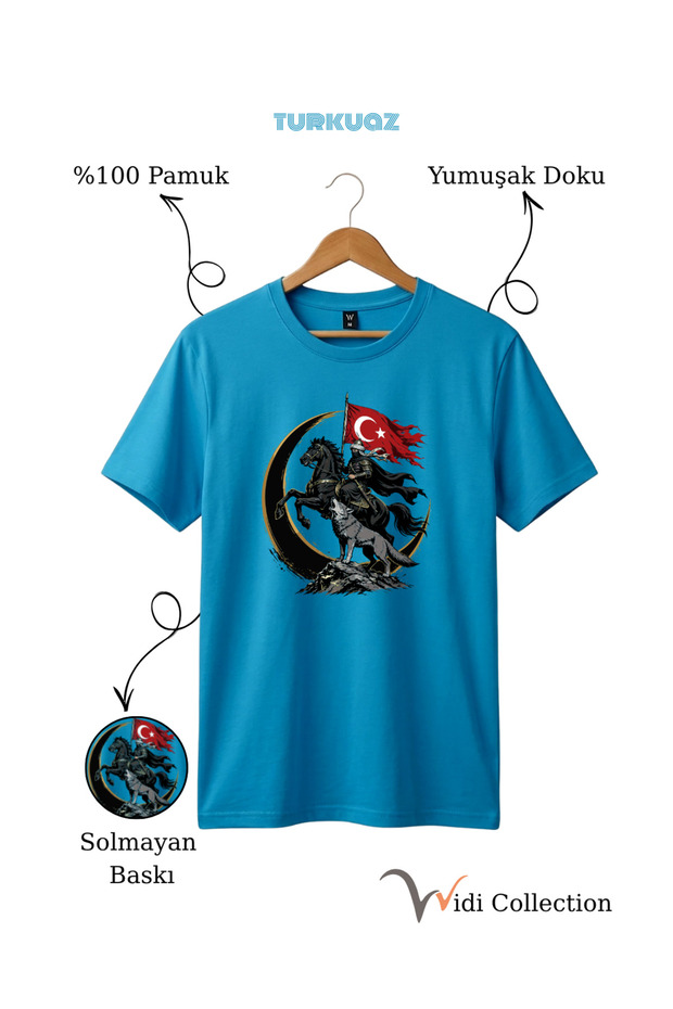 100% Cotton Regular Fit Unisex T-Shirt with Turkish Flag, Horse Warrior, Bozkurt and Wolf Figures