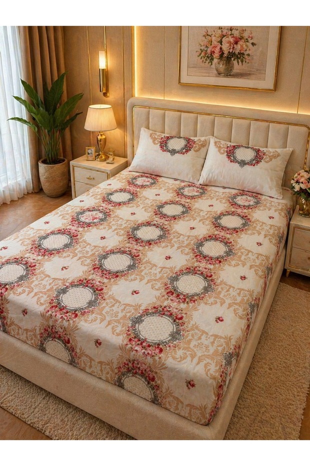 طقم ملاءات سرير مطاطية منقوشة بتصميم كامل الحواف