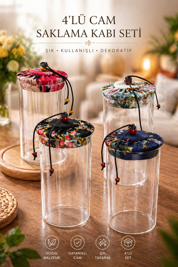 Set of 4 Glass Jar Storage Containers, 800 Ml, Diameter: 8 Cm, Height: 21 Cm, Stylish, Practical and Decorative