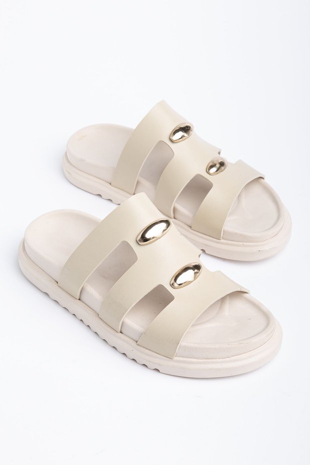 Hayal Women's Beige Skin Gold Detailed Poly Sole Slippers