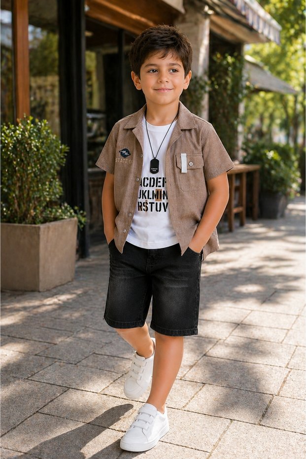 Yumurcak 58304-26 Boy's 4-Piece Set Shirt T-Shirt Jeans Shorts Necklace Summer Stylish Combination