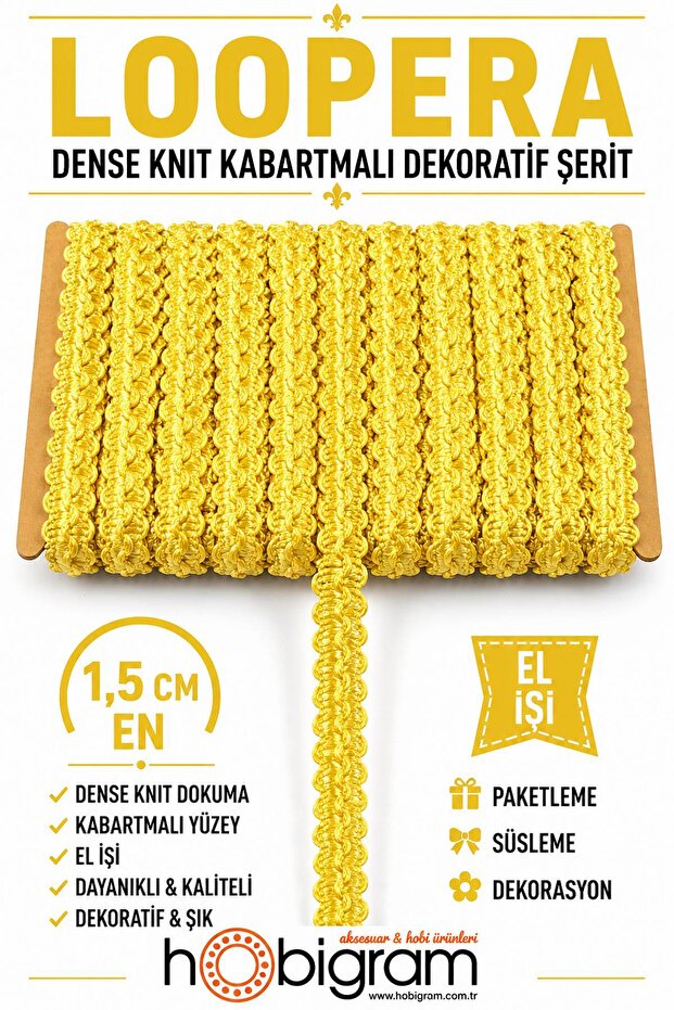 Yellow Loopera Dense Knit Embossed Decorative Ribbon – Premium Handcrafted Ornament 5 Meters