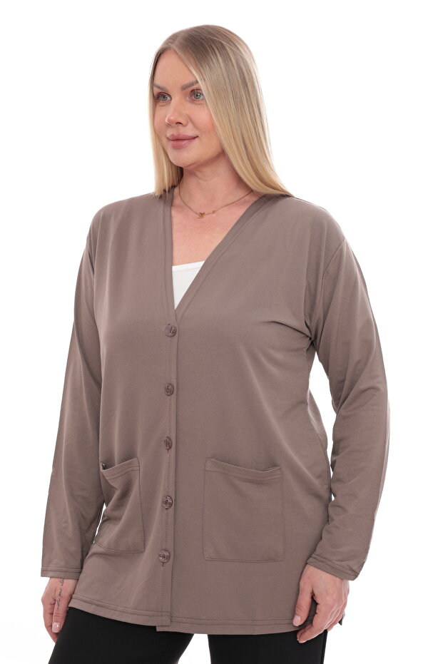 Women's Buttoned Pocketed V-Neck Casual Summer Combed Cotton Mother's Jacket Cardigan