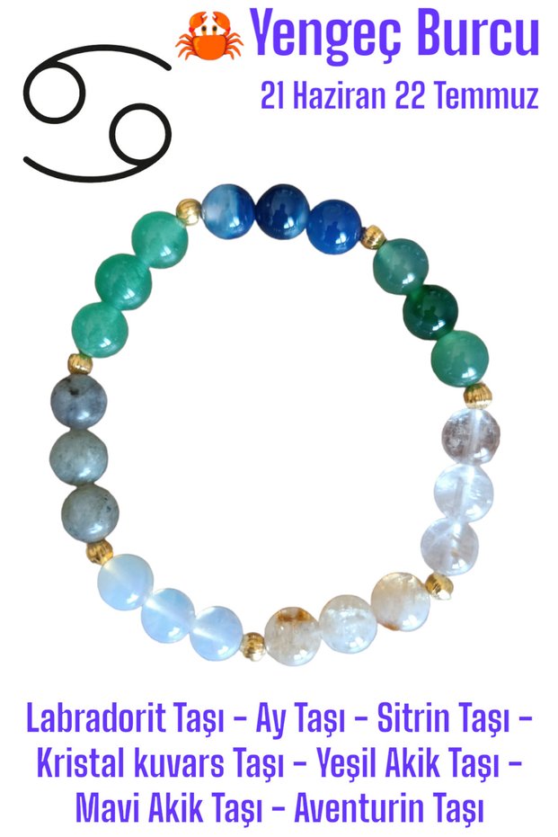 Cancer zodiac bracelet (labradorite stone, moon stone, citrine stone, crystal quartz stone, aventurine, agate)