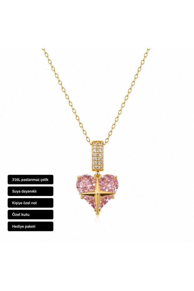 Heart Detailed Women's Necklace Pink Shiny Design 316L Steel Gift Necklace