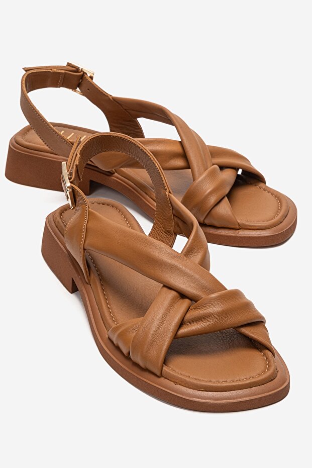 Frand Tan Genuine Leather Cross-Strap Women's Sandals