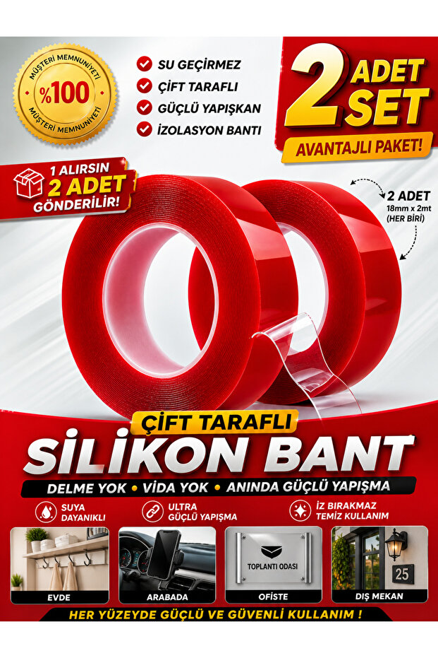 Çift Taraflı Bant 2 Metre 2 Li Set