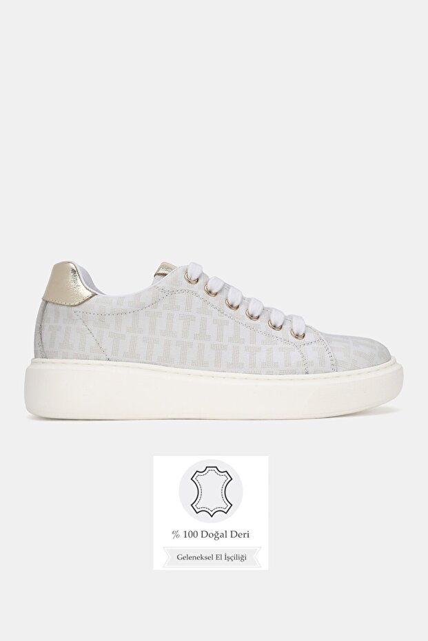 Women's White Patterned Genuine Natural Leather Sneaker Shoes with Eva Sole and Laces, Size 35-41