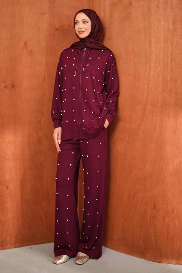 Burgundy Stone Detailed Tunic and Trousers Set