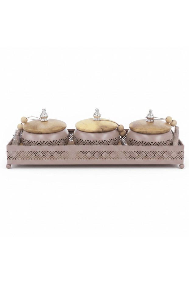 Mauve Taupe Metal & Wooden Serving Tray with 3 Candy Bowls –36 × 12 cm
