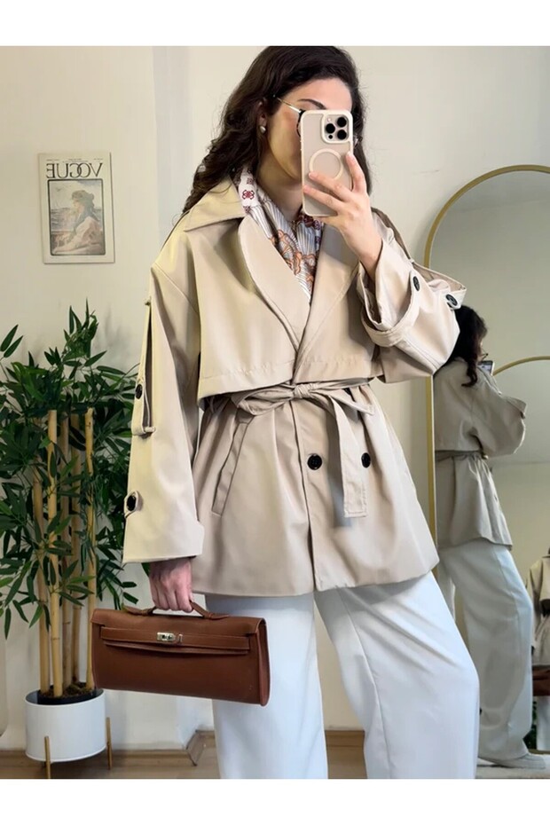 New Season Zr Women's Windbreaker Detailed Belted Short Beige Trench Coat