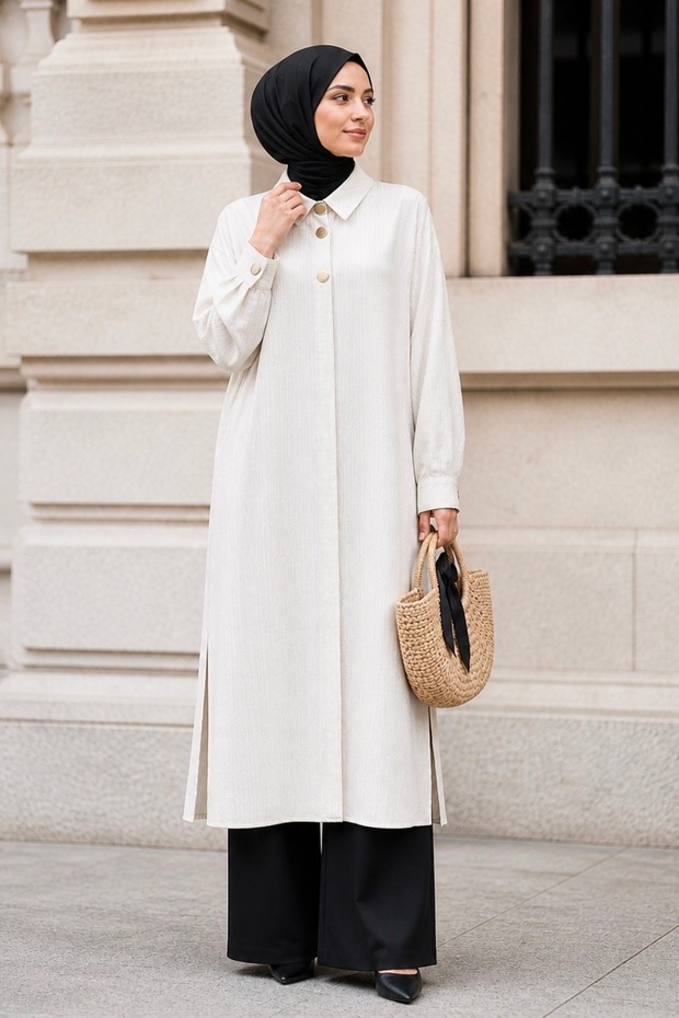 Ecru Buttoned Slit Long Tunic - 1