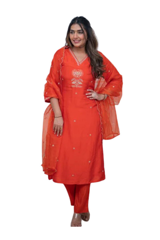 Orange Silk Blend Embroidered Kurti Pant Set - TRT1125 | Orange