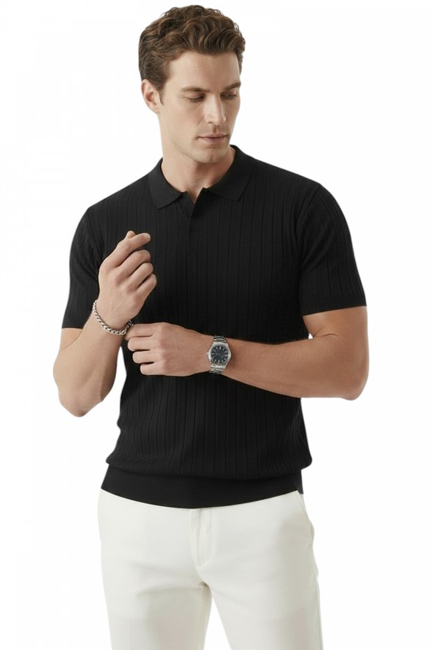 Black Polo Collar Knitwear T-Shirt Comfortable Fit Men's Knitwear T-Shirt 2608108