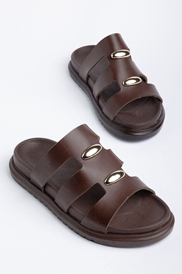 Della Women's Brown Leather Gold Detailed Poly Sole Slippers