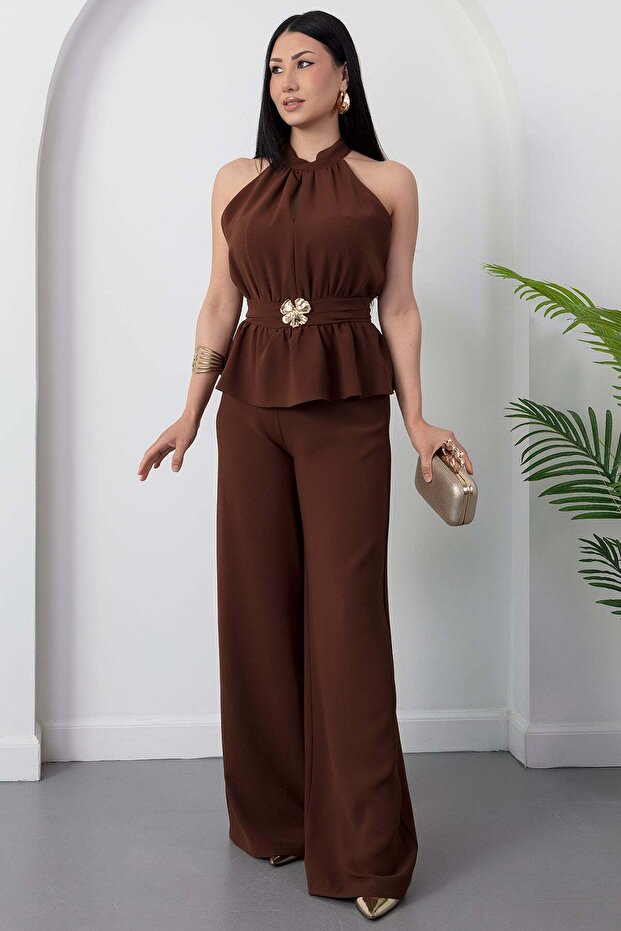 Halter Neck Buckle Waist Jumpsuit Grs3944
