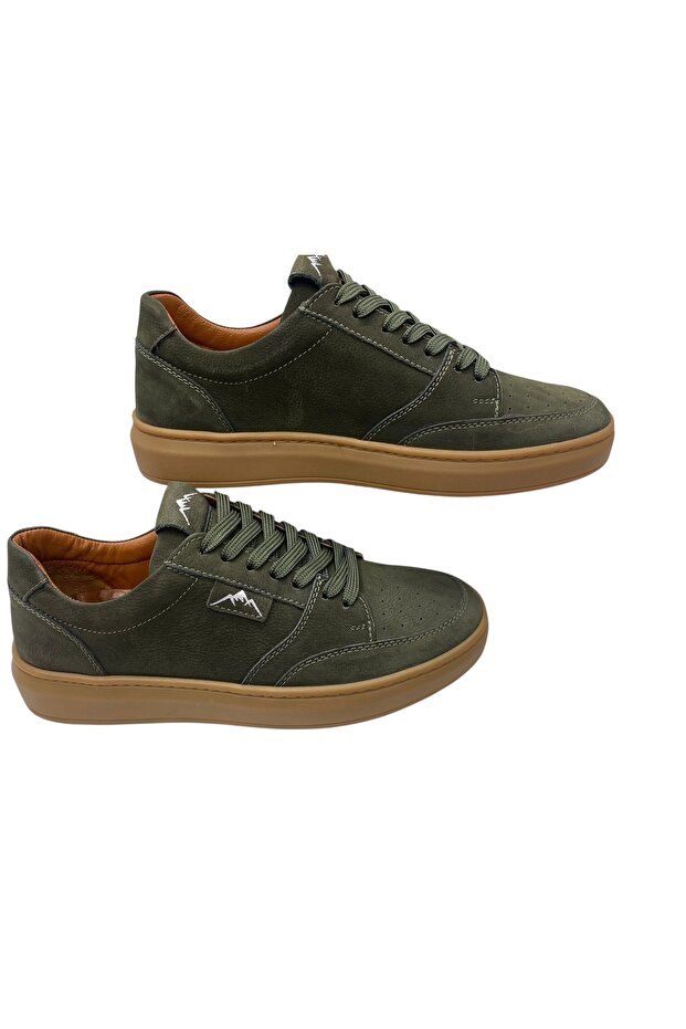 Men's Lace-Up Leather Nubuck Green Leather Lining Stitched Rubber Sole Casual Shoes