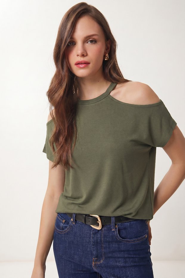Cut Out Detailed Viscose Blouse 1804 Lrn0004 Khaki