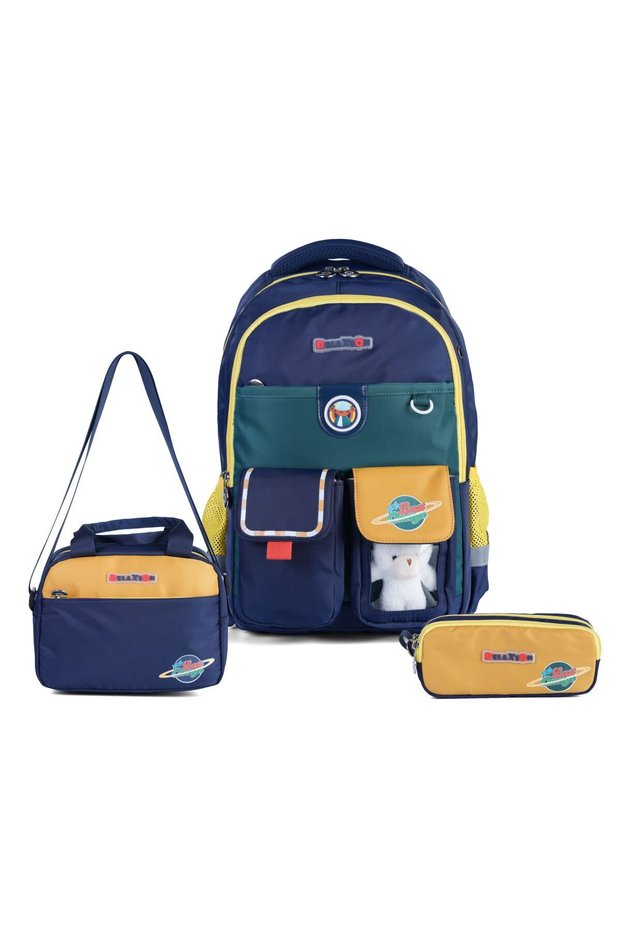Set of 3 Primary School School Bags with Lunch Box and Pen Holder Backpack Set Navy Blue