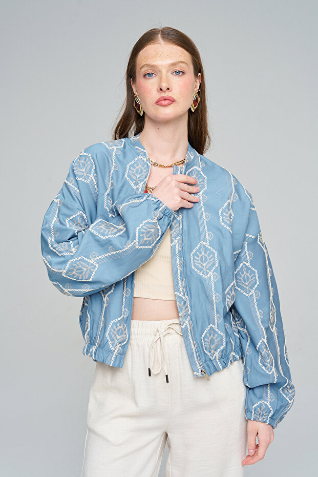 Women's Floral Embroidered Blue Zippered Seasonal Bomber Jacket