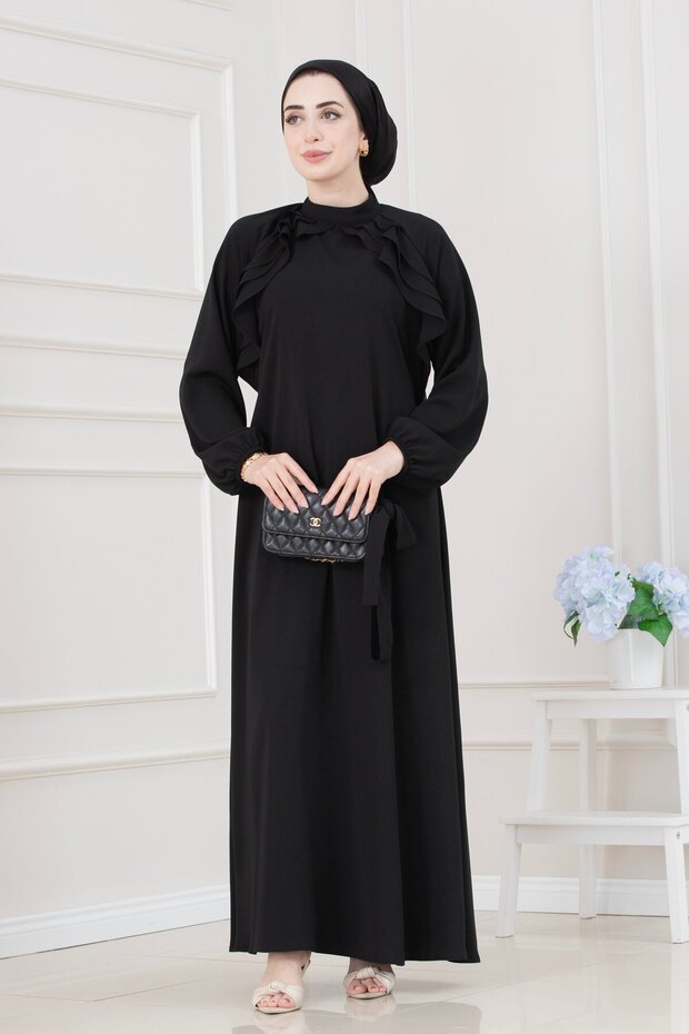 Ruffle Detailed Belted Hijab Dress - Black