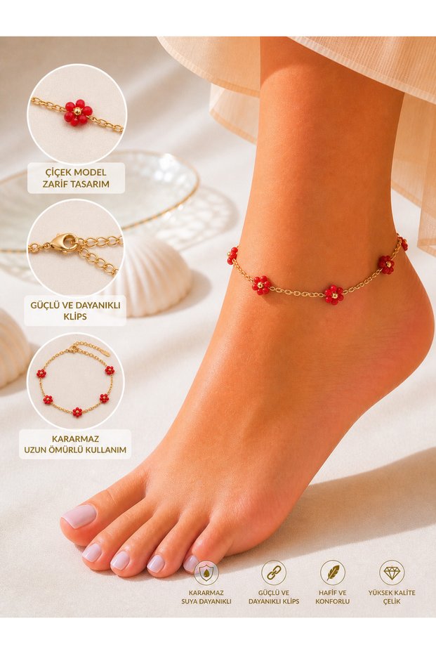 Women's Flower Detailed Colorful Beaded Anklet Steel Zarax Model Water Resistant Elegant Summer Anklet