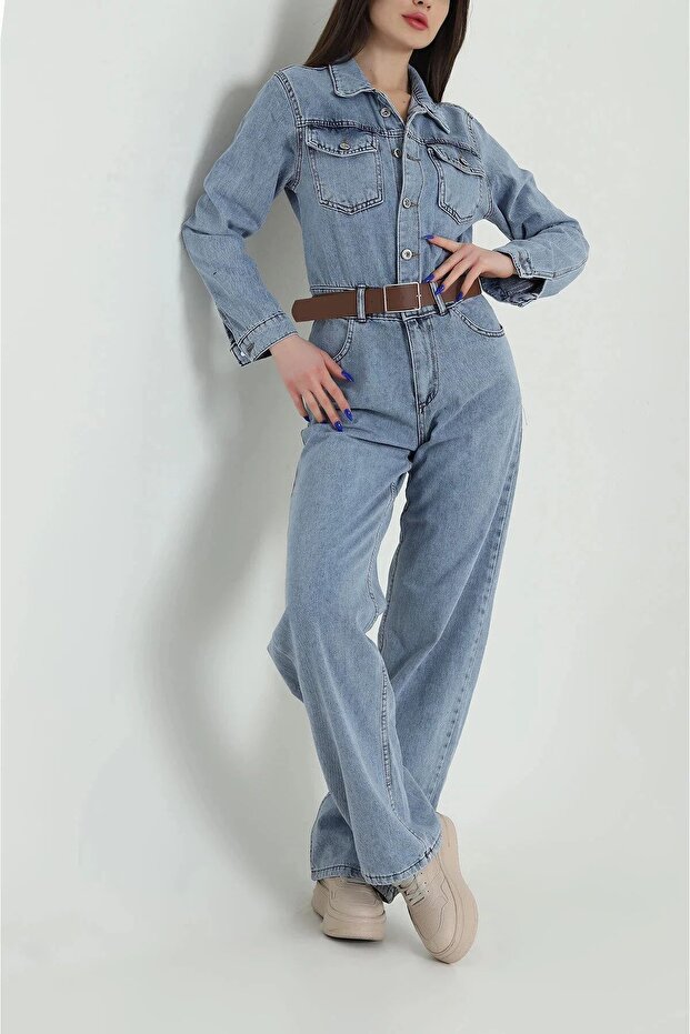 Blue Belted Jean Long Sleeve Denim Jumpsuit
