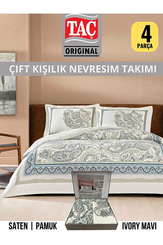 Ivory Blue Cotton Satin Double Duvet Cover Set