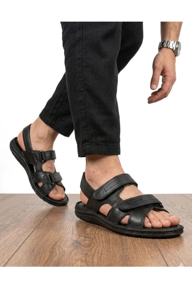 Men's Black Genuine Leather Orthopedic Soft Sole Sandals
