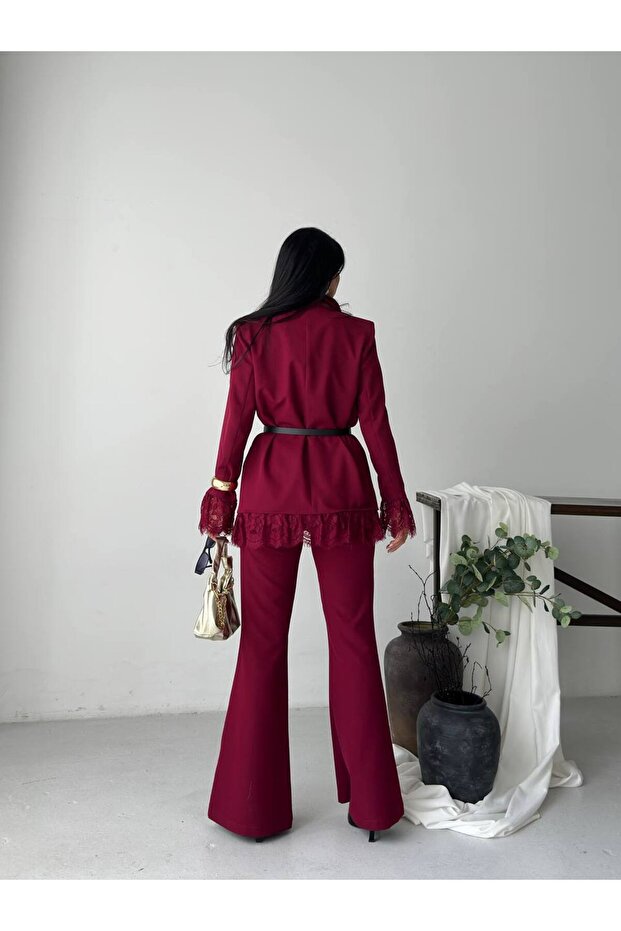 Premium Dantel Detaylı Blazer Ceket İspanyol Paça Takım - 7