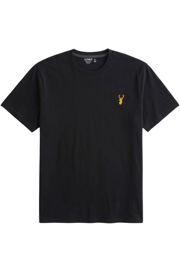 Men's Black T-Shirt 100% Cotton Single Jersey Basic T-Shirt Crew Neck Embroidered T-Shirt