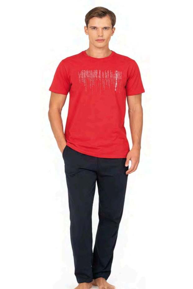 6125 Men's Short Sleeve Crew Neck Pajama Set-Red