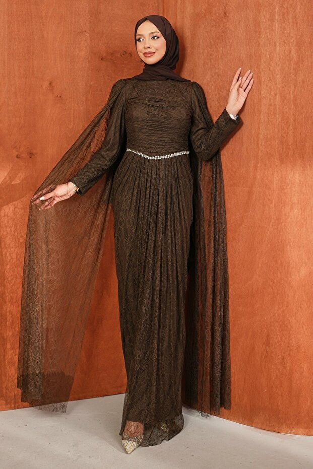 Brown Gathered Front Stone Lace Evening Dress